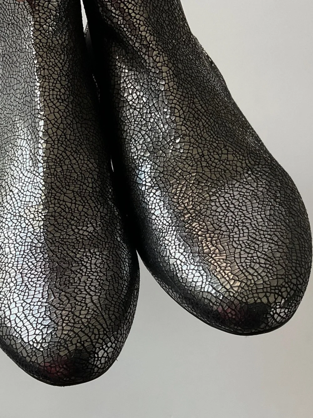 MIU MIU Crackled Silver Metallic Leather Crystal Heel Ankle Boots Sz EU 37